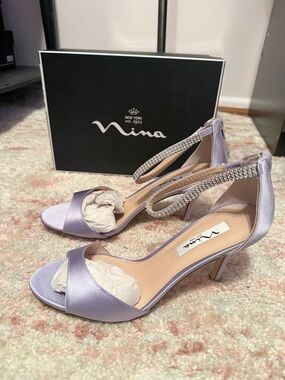 Nina Lilac Satin Crystal-Strap Open Toe Heels